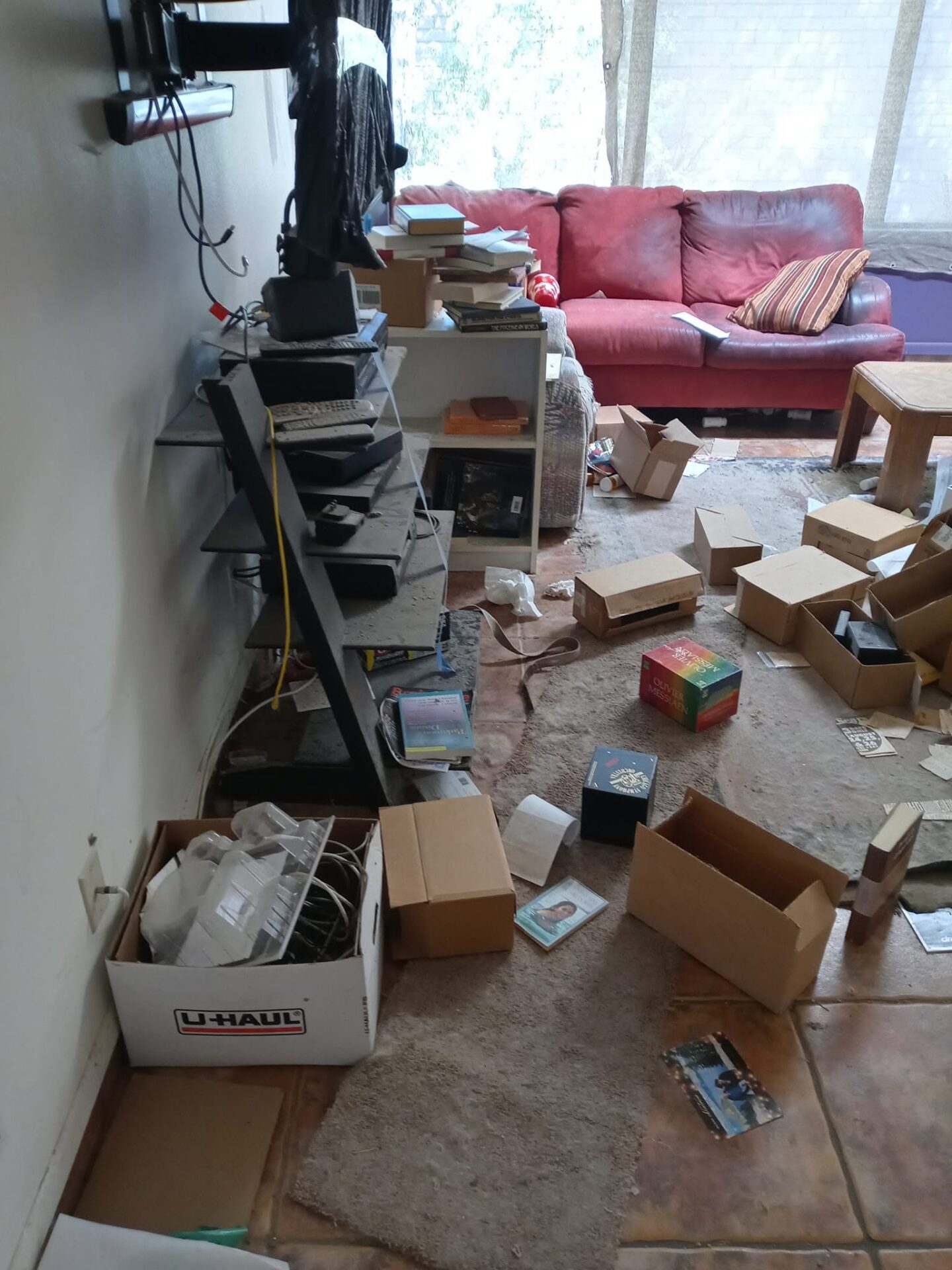 A before photo of a living room full Clutter and a couch and boxes in a house in Oro Valley, AZ
