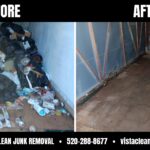 Before and after picture of a shed cleanout done by Vista Clean Junk Removal in Tucson, AZ